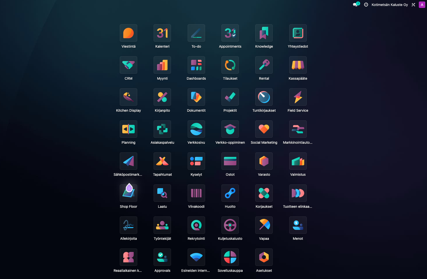 Odoo 18 dashboardin darkmoad padin näytöllä