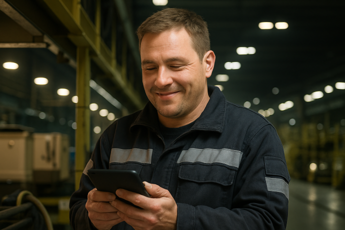 varastotyöntekijä mobiililaite kädessään varastossa